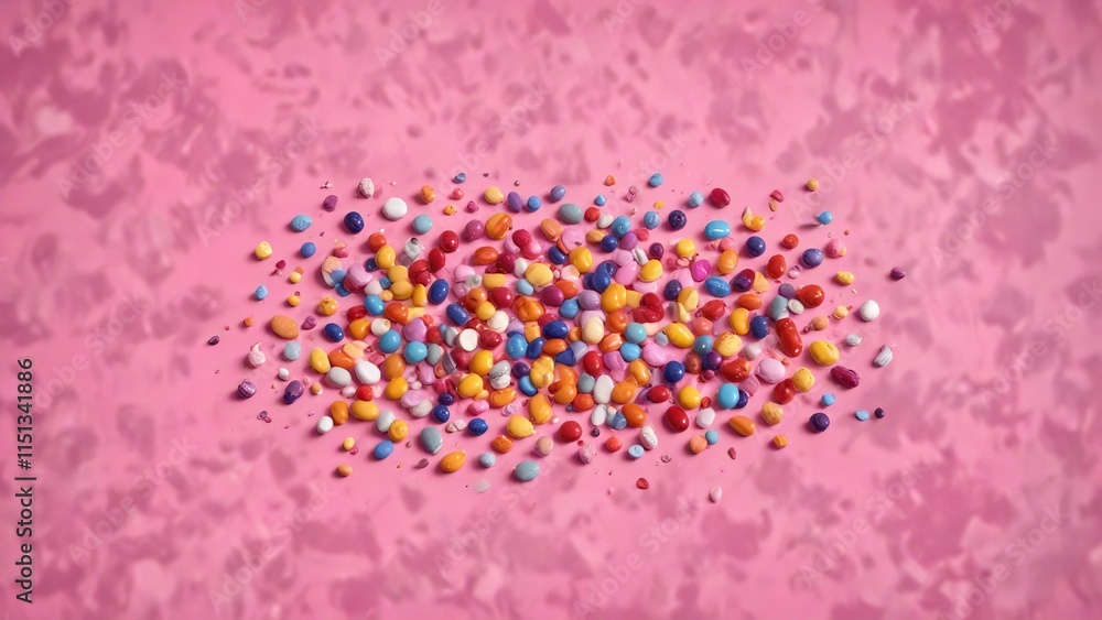 Colorful vitamins scattered on a pink surface , tiny pills, health supplements Colorful vitamins scattered on a pink surface , tiny pills, health supplements