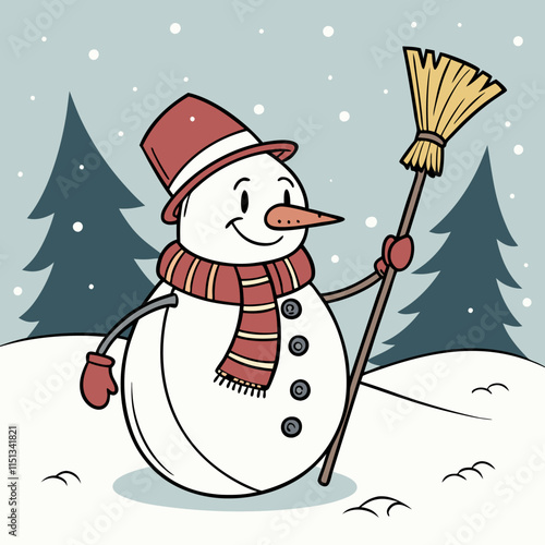 Cheerful snowman with red hat and scarf. AI generated.