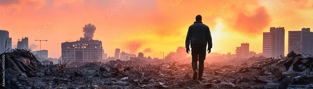 A lone survivor walking through a destroyed cityscape, nuclear bomb, haunting solitude A lone survivor walking through a destroyed cityscape, nuclear bomb, haunting solitude