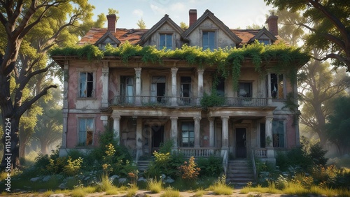 Creepy abandoned house with broken windows and overgrown vegetation, eerie silence, abandoned house photo