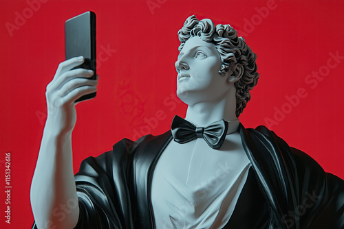 Statue taking a selfie against red background