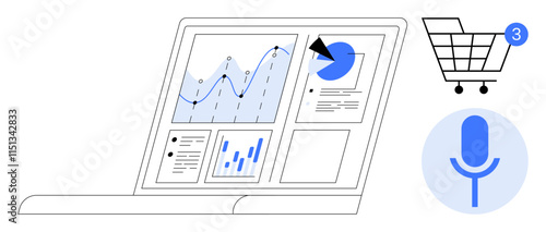 Open laptop screen displaying graphs and charts with a shopping cart notification and microphone icon. Ideal for e-commerce, digital marketing, business insights, basket analytics, online shopping