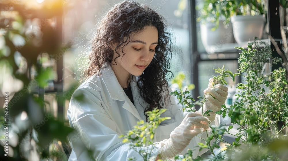 Scientist Examining Plants in a Greenhouse with Sunlight Streaming Through the Windows Scientist Examining Plants in a Greenhouse with Sunlight Streaming Through the Windows
