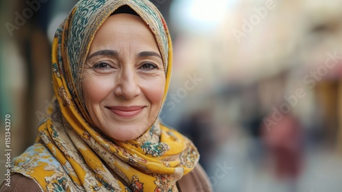Middle-aged Egyptian woman with a headscarf and a warm smile.