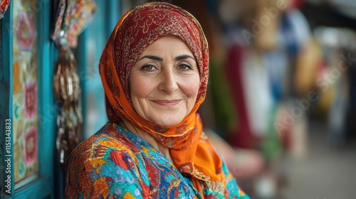 Middle-aged Turkish woman with a vibrant dress and a warm look.
