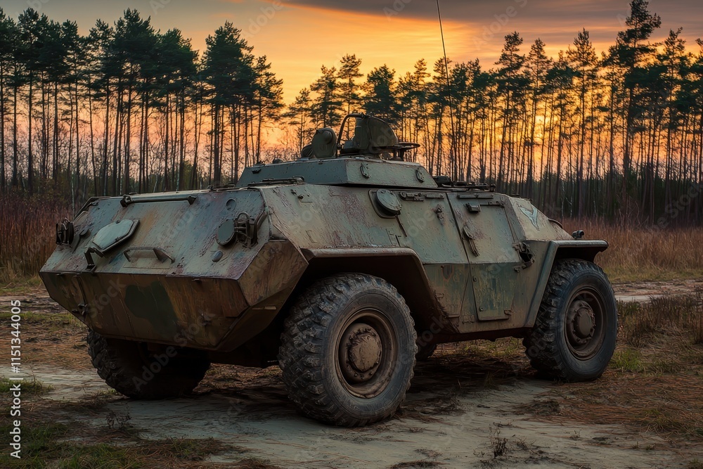Fototapeta premium Armored Military Vehicle Parked in a Forest at Sunset, Showcasing Camouflage Patterns, Nature, and Military Equipment in a Serene Landscape