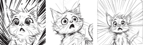 A simple messy lineart sketch of an adorable fluffy cat looking up with big eyes and a shocked expression