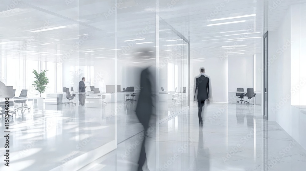 Bright and modern business workplace with people walking in blurred motion, showcasing a dynamic office environment with open space, contemporary design, and collaborative work atmosphere Bright and modern business workplace with people walking in blurred motion, showcasing a dynamic office environment with open space, contemporary design, and collaborative work atmosphere