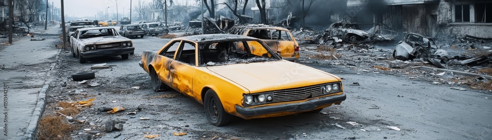 Burned-out cars in an ash-covered suburban street, nuclear bomb, human cost of war Burned-out cars in an ash-covered suburban street, nuclear bomb, human cost of war