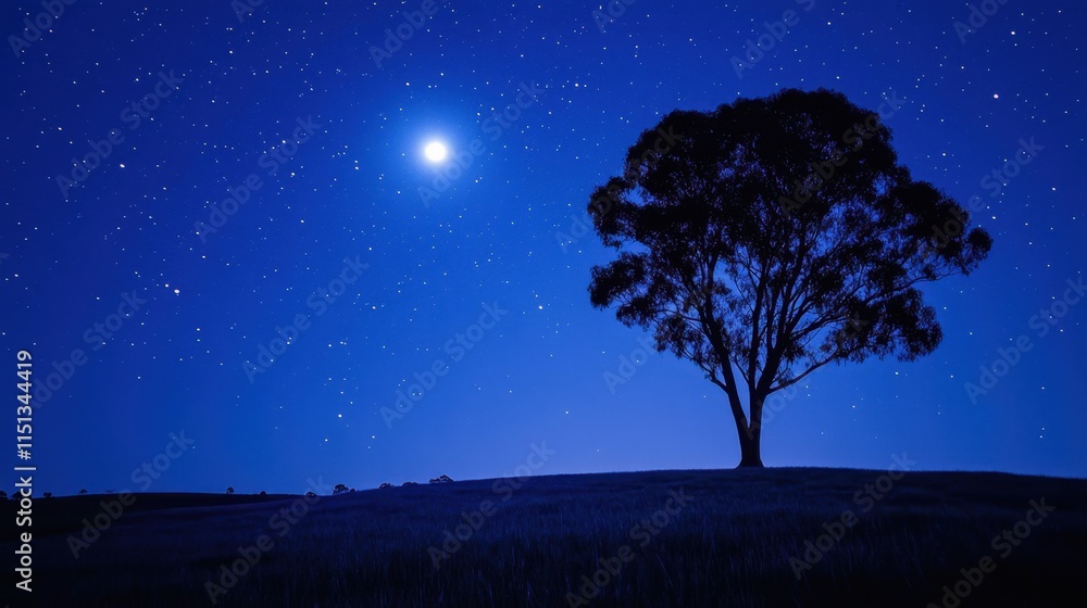 A lone tree silhouetted against the moonlit night, surrounded by an expansive starry sky. A lone tree silhouetted against the moonlit night, surrounded by an expansive starry sky.