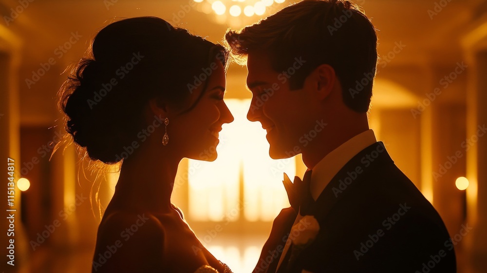 Silhouette of a Bride and Groom in Warm Light