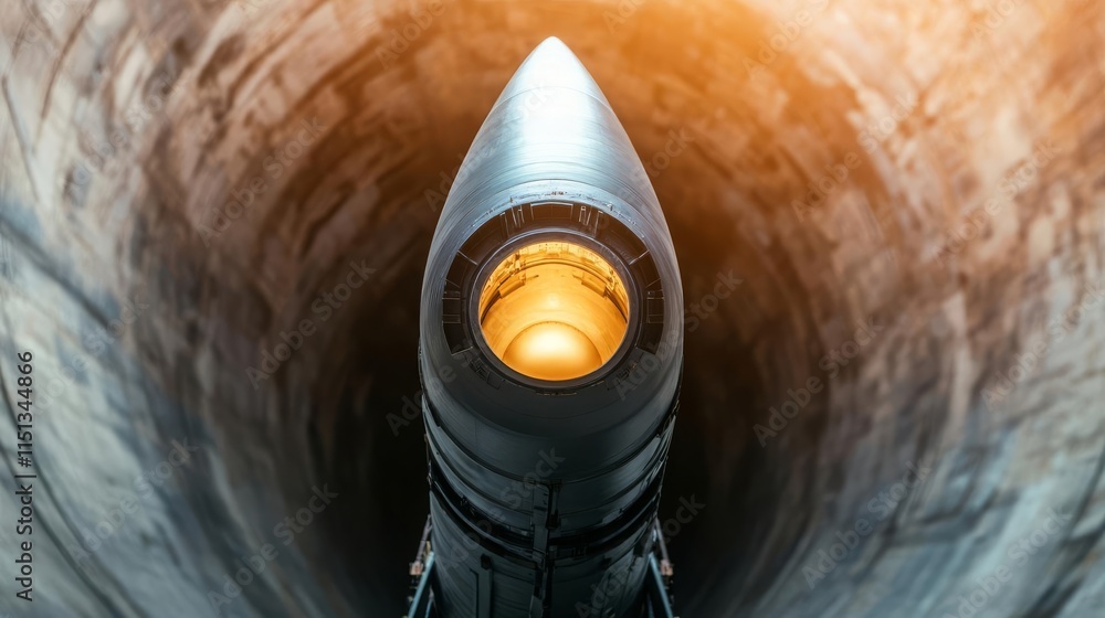 Close-up of a nuclear warhead in a missile silo, nuclear bomb, military power Close-up of a nuclear warhead in a missile silo, nuclear bomb, military power