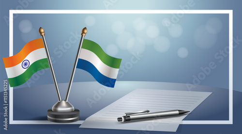 India and Sierra Leone National flags on small table with bokeh background, cooperative relationship