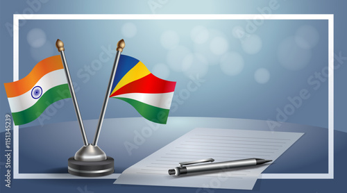 India and Seychelles National flags on small table with bokeh background, cooperative relationship