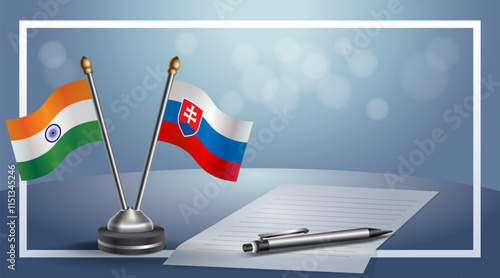 India and Slovakia National flags on small table with bokeh background, cooperative relationship