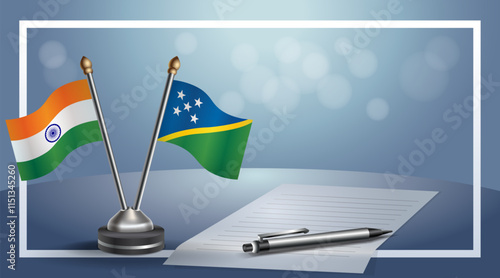 India and Solomon Islands National flags on small table with bokeh background, cooperative relationship
