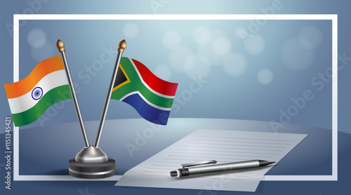 India and South Africa National flags on small table with bokeh background, cooperative relationship