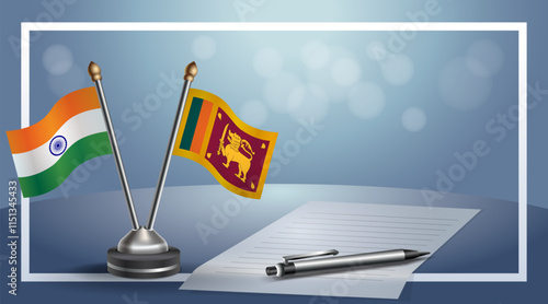 India and Sri Lanka National flags on small table with bokeh background, cooperative relationship