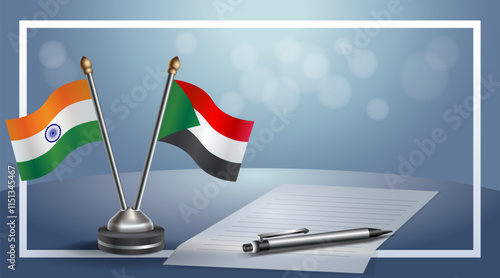 India and Sudan National flags on small table with bokeh background, cooperative relationship
