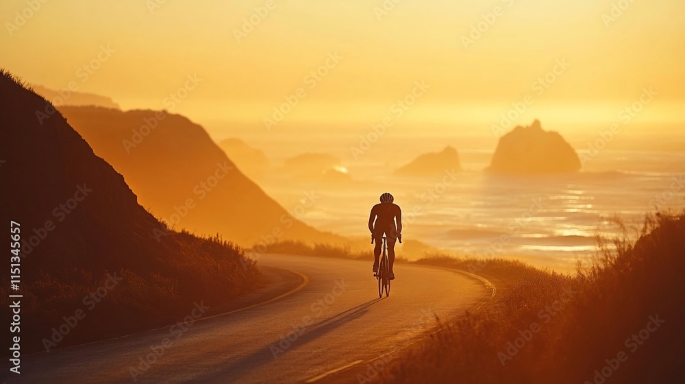 Cyclist rides on road during sunset by the ocean. Cyclist rides on road during sunset by the ocean.