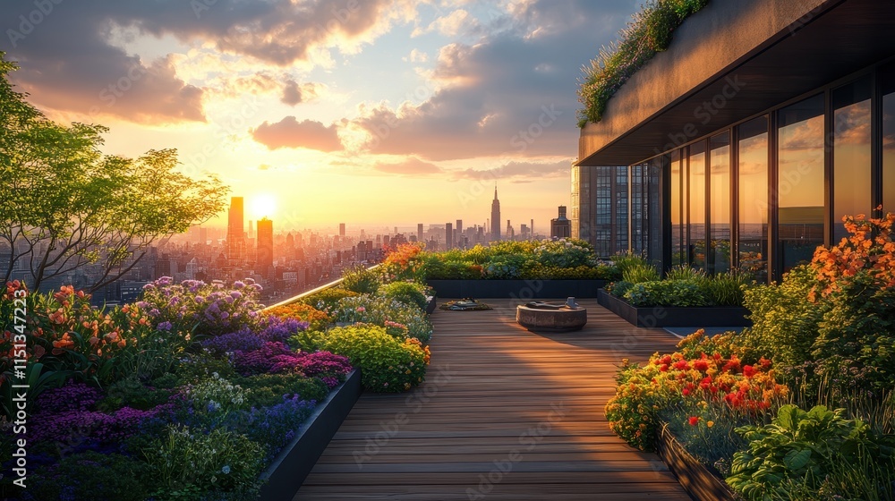 Obraz premium Rooftop garden with an urban view.