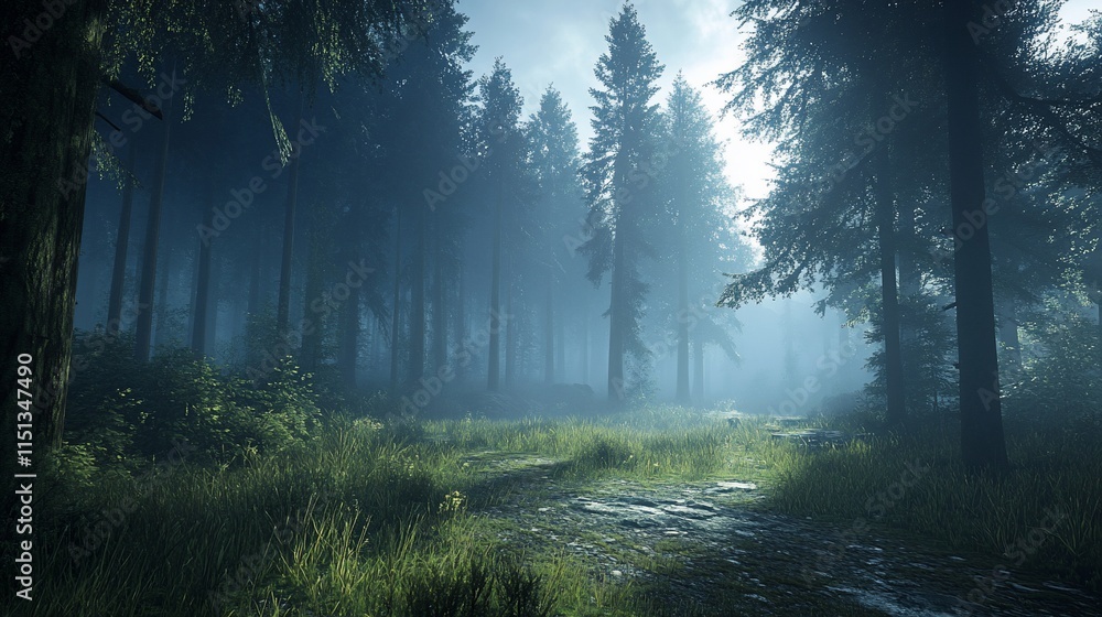 Obraz premium Foggy path through dark forest.