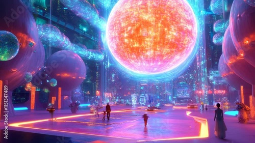 Wallpaper Mural Futuristic Surreal Metropolis: People Walking in a Vibrant City Center Under a Giant, Glowing Orb - A Vision of Urban Life in the Future Torontodigital.ca