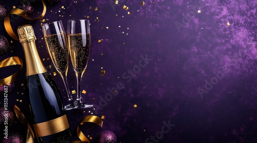 Golden champagne bottle, glasses, and ribbon frame on a festive purple background