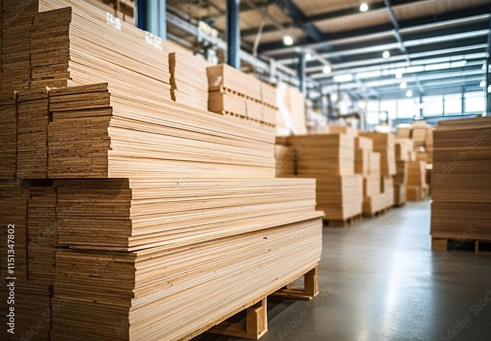 Obraz premium A large warehouse with many wooden planks stacked on pallets, ready for production in the furniture industry.