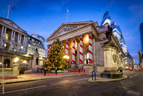 Evening view of. the City of London, England, with the Royal Exchange building decorated for Christmas photo