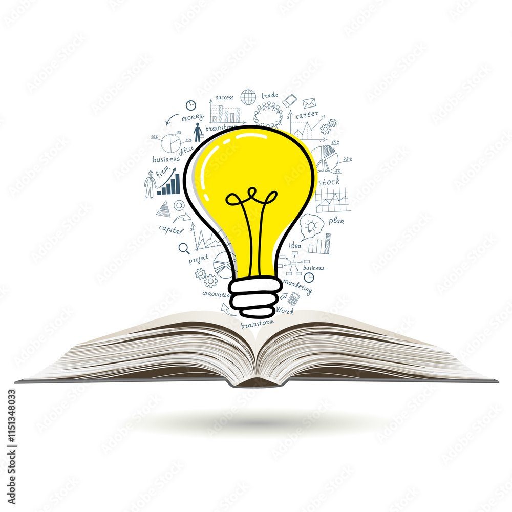 Business concept. Light bulb with business success drawing strategy plan idea on open book. Vector illustration. Business concept. Light bulb with business success drawing strategy plan idea on open book. Vector illustration.