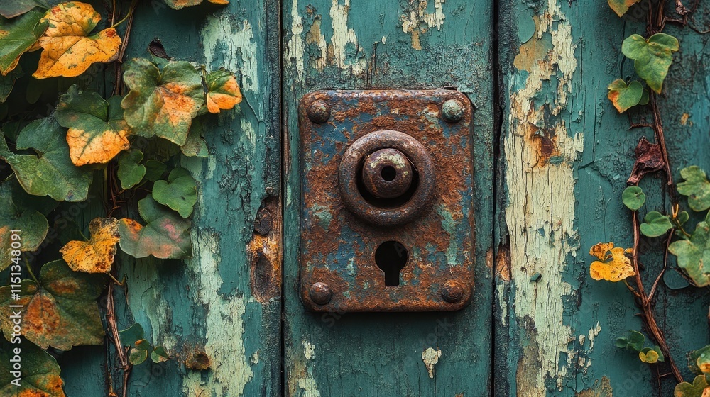 Rusty lock attached to a faded door, with peeling paint and creeping vines, telling a story of time and neglect. Rusty lock attached to a faded door, with peeling paint and creeping vines, telling a story of time and neglect.