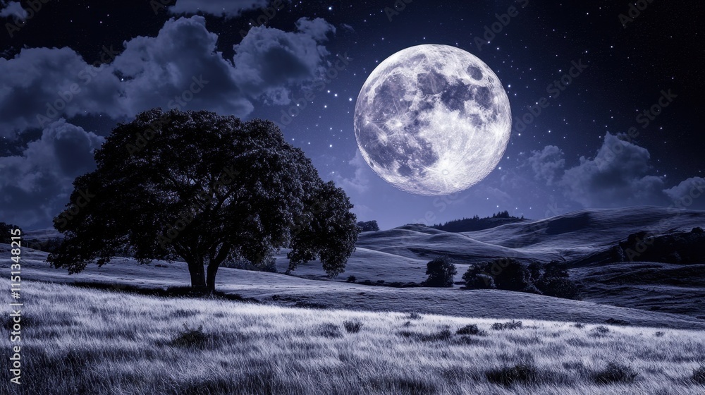 A moonlit sky over a quiet countryside, the fields and hills bathed in a soft silver glow. A moonlit sky over a quiet countryside, the fields and hills bathed in a soft silver glow.