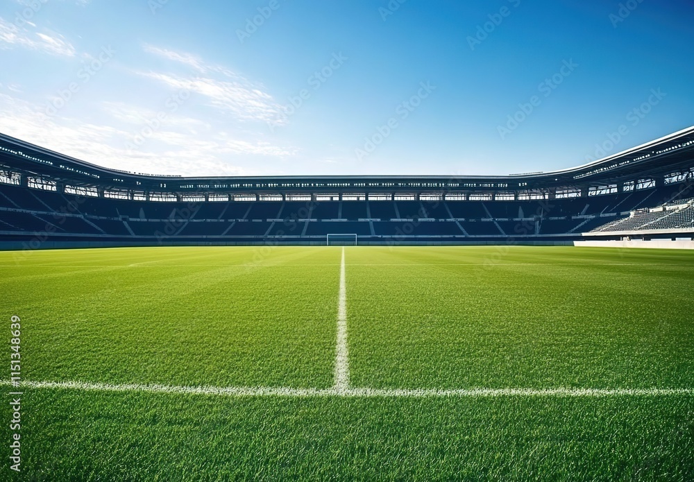Fototapeta premium A large, empty football stadium with green grass and blue sky in the background. 