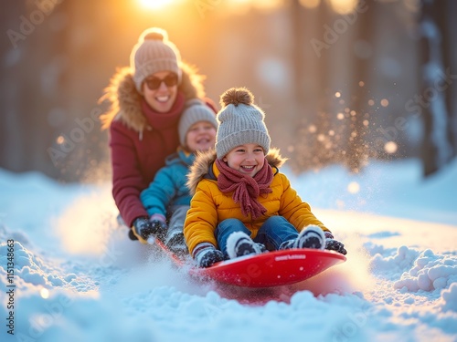 Mother and child sledding happily under sunlight