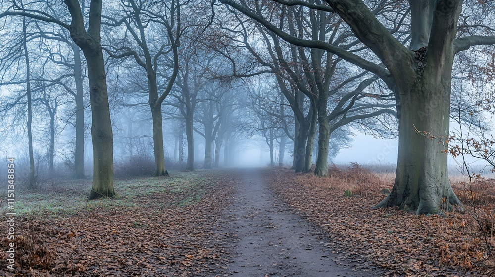 Fototapeta premium Foggy path with barren trees.