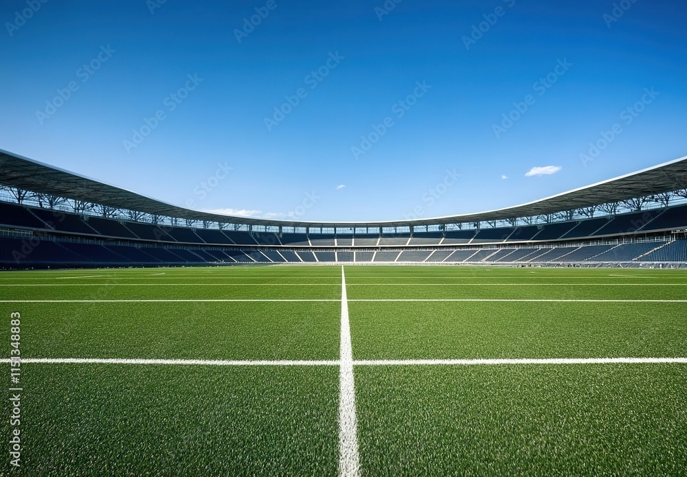 Fototapeta premium A large, empty football stadium with green grass and blue sky in the background.