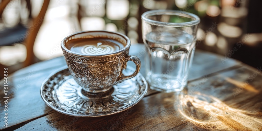 Fototapeta premium Turkish coffee and water elegantly displayed on a table, showcasing the rich tradition of Turkish coffee culture alongside refreshing water for an authentic experience.