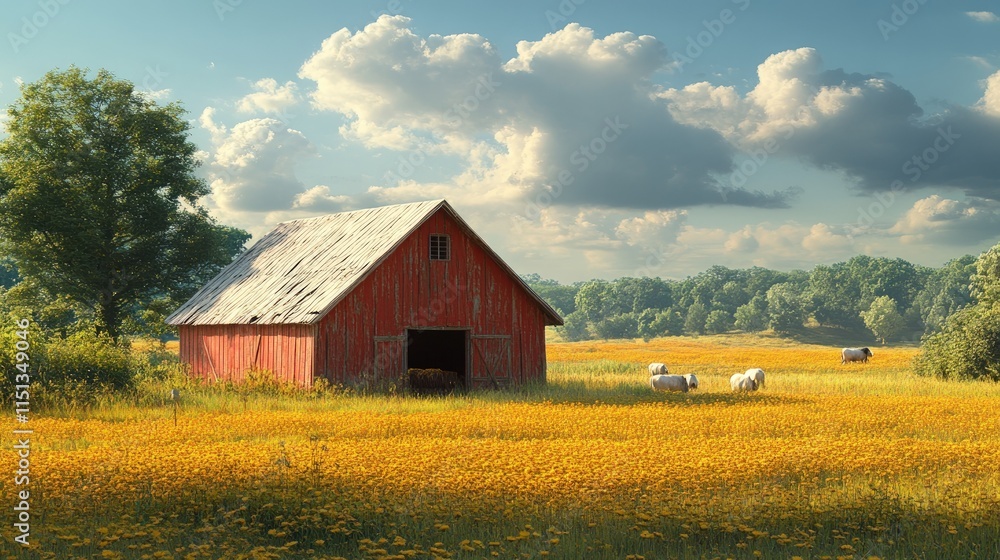 Red barn, yellow flowers, grazing sheep, idyllic farm scene. Red barn, yellow flowers, grazing sheep, idyllic farm scene.