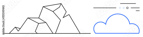 Geometric mountain range next to a cloud with line elements suggesting connection and interaction. Ideal for outdoor adventure, nature, environment, digital connectivity, data storage, minimal design