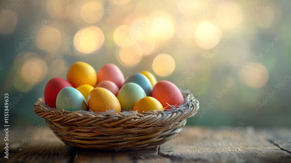 Colorful Easter eggs nestled in a woven basket Colorful Easter eggs nestled in a woven basket