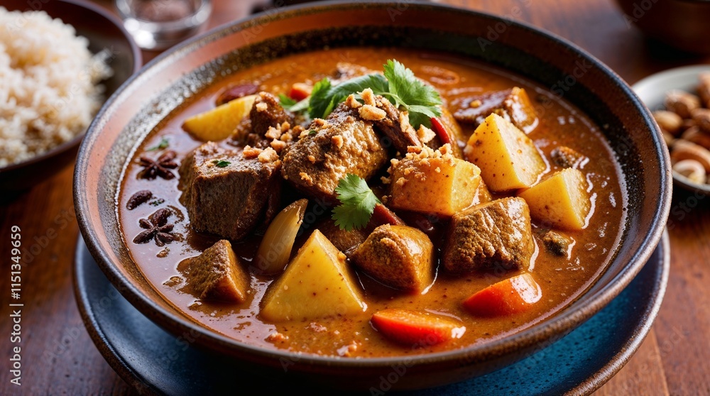 Close-up of a flavorful Massaman curry with beef, potatoes, and peanuts. Garnished with cilantro. Close-up of a flavorful Massaman curry with beef, potatoes, and peanuts. Garnished with cilantro.