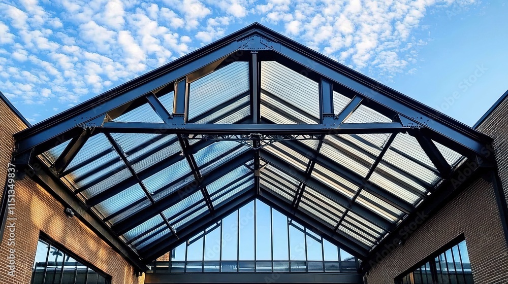 Obraz premium A photograph of an industrial steel roof with translucent and glass panels on the exterior wall