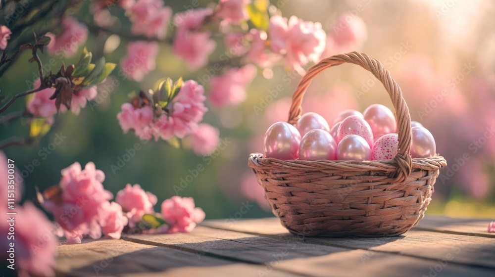 Pink Easter eggs in a wicker basket near blossoms Pink Easter eggs in a wicker basket near blossoms
