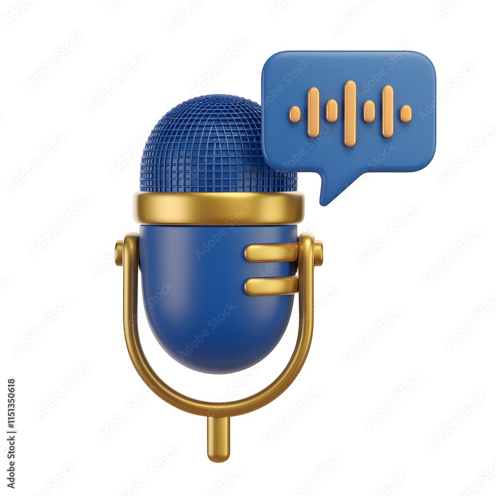 Stylized Blue and Gold Microphone with Speech Bubble, Symbolizing Audio Recording and Broadcasting. Isolated on White Background. Stylized Blue and Gold Microphone with Speech Bubble, Symbolizing Audio Recording and Broadcasting. Isolated on White Background.