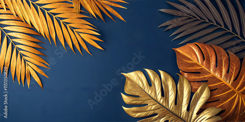 floral background with tropical golden leaves with lots of copy space for texting