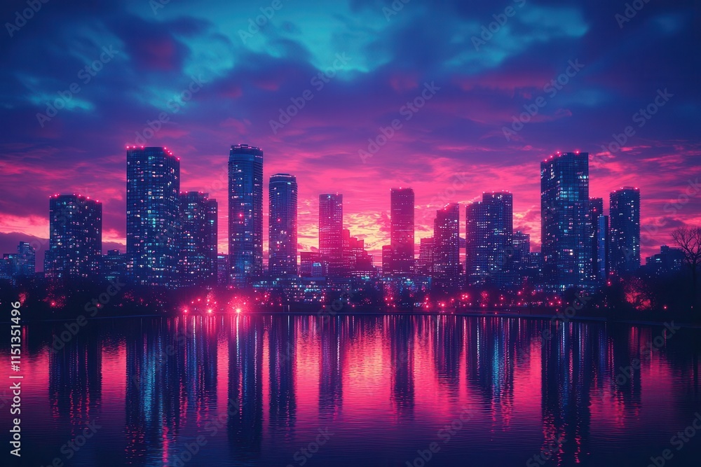 Fototapeta premium a stunning city skyline glimmers at dusk, with tall buildings silhouetted against a vibrant sunset, reflecting the dynamic energy and essence of urban life