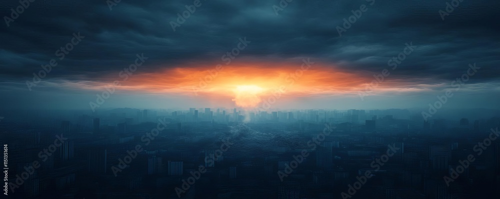 Obraz premium Skyline covered in dark clouds with faint orange nuclear glow, nuclear bomb, lingering destruction