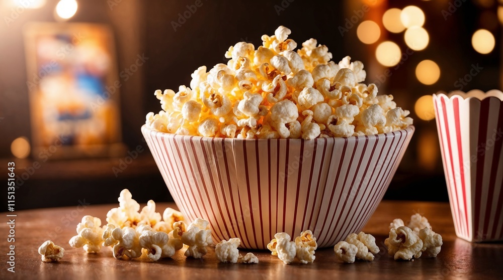 A striped bowl overflowing with freshly popped popcorn, set against a warm, cinematic background with bokeh lights. A striped bowl overflowing with freshly popped popcorn, set against a warm, cinematic background with bokeh lights.