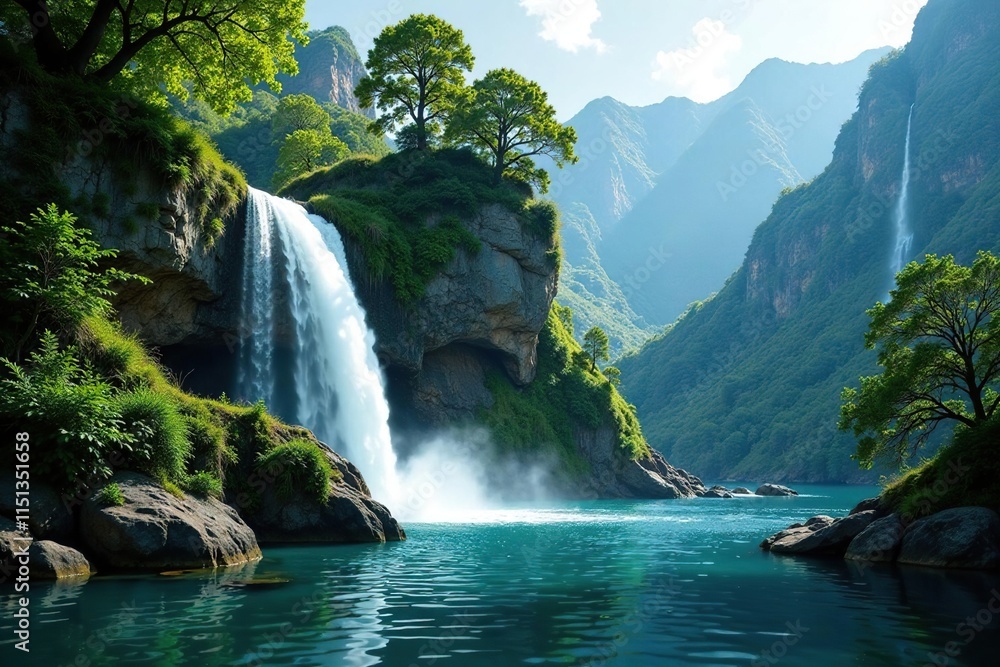 Obraz premium Foliage-covered mountain slope with waterfall, liquid, foliage, cascade